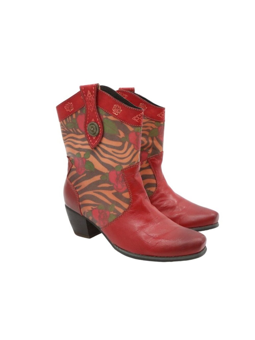 Spring Step Billie Boots Red Leather Western Boho Floral Animal Print 39 8.5